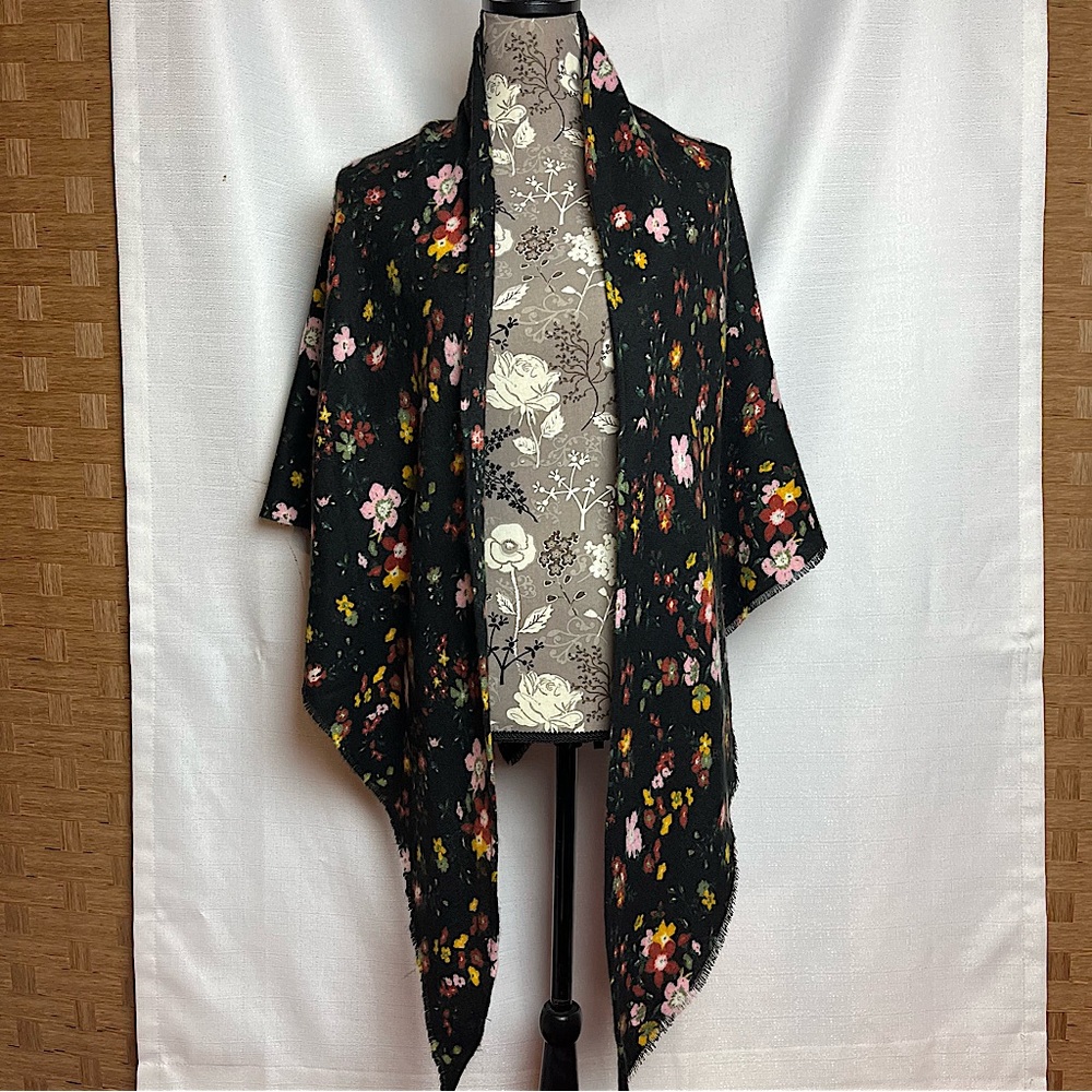 INC Boho Blanket Scarf/Wrap, Black with multi-color floral pattern.